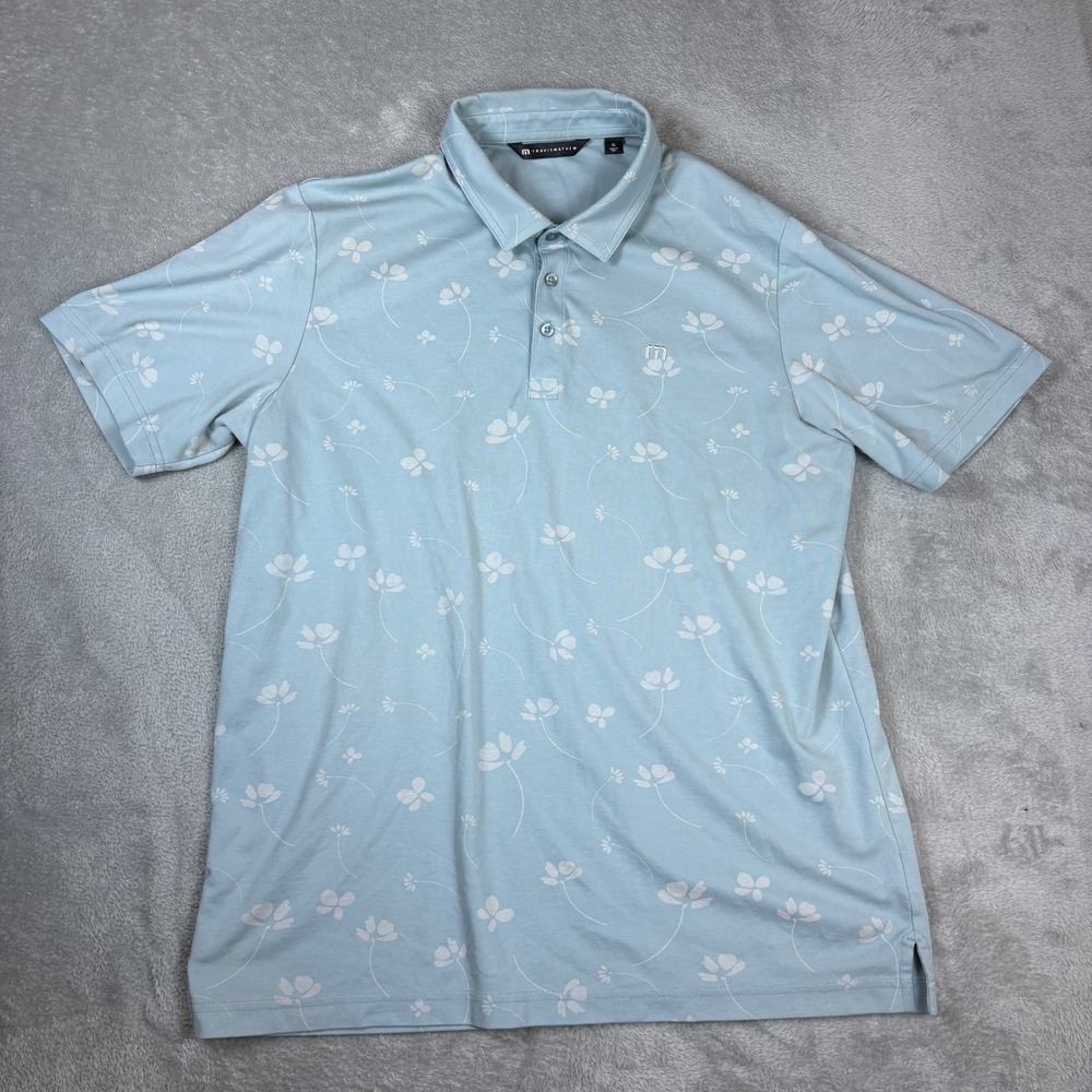 TravisMathew‎ Polo Mens XL Floral Print Short Sleeve Light Blue Golf Stretch